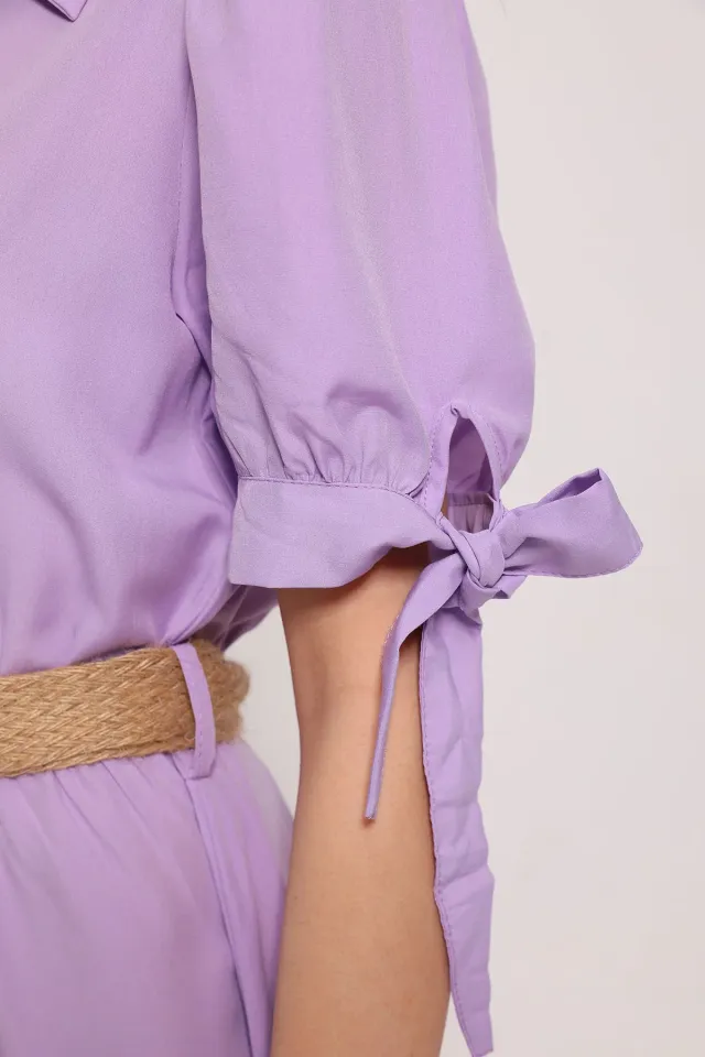 Kadın Ön Düğmeli Kol Bağlama Detaylı Hasır Kemerli Elbise Lila