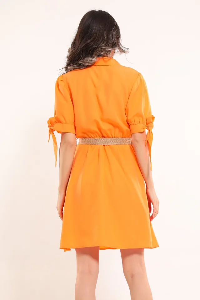 Kadın Ön Düğmeli Kol Bağlama Detaylı Hasır Kemerli Elbise Orange