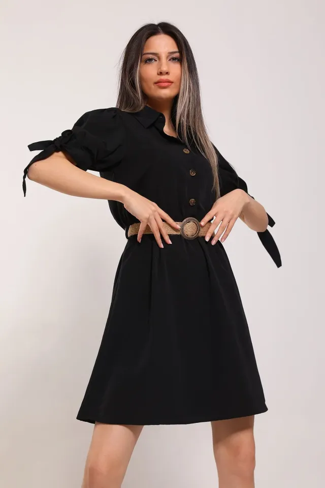 Kadın Ön Düğmeli Kol Bağlama Detaylı Hasır Kemerli Elbise Siyah
