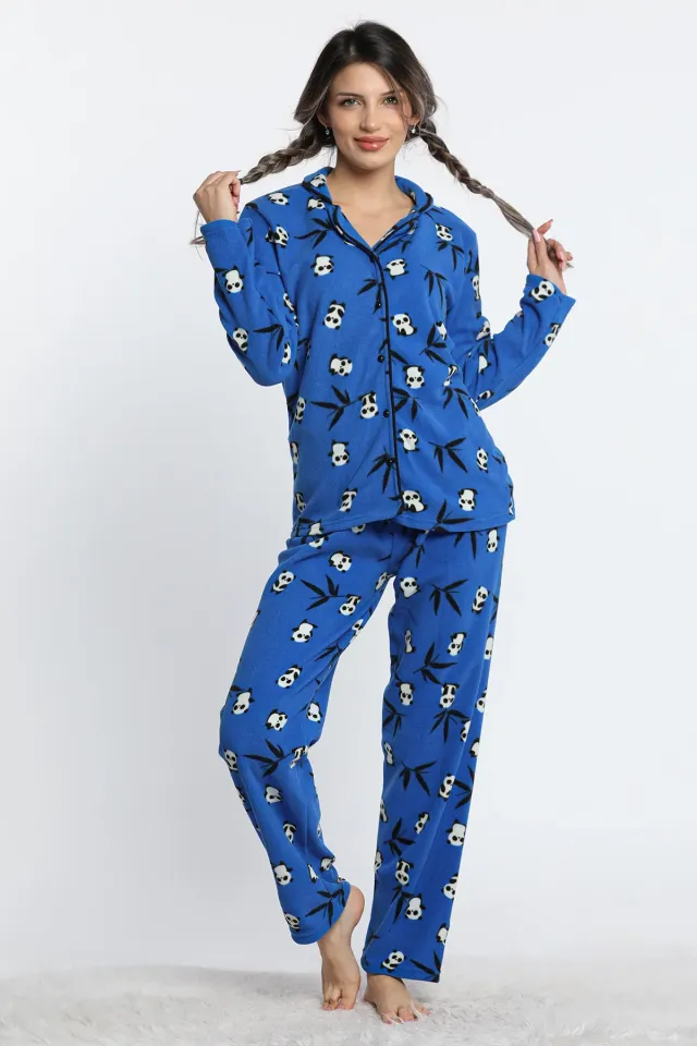 Kadın Ön Düğmeli Panda Desenli Polar Pijama Takımı Saksmavisi