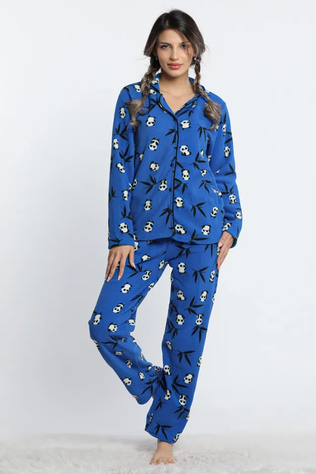 Kadın Ön Düğmeli Panda Desenli Polar Pijama Takımı Saksmavisi