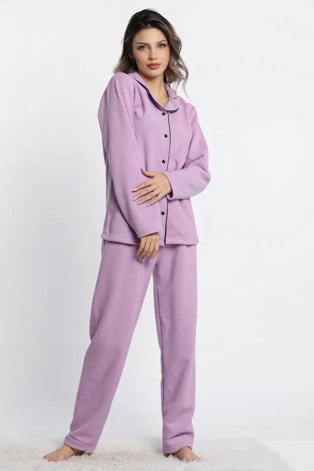 Kadın Ön Düğmeli Polar Pijama Takımı Lila
