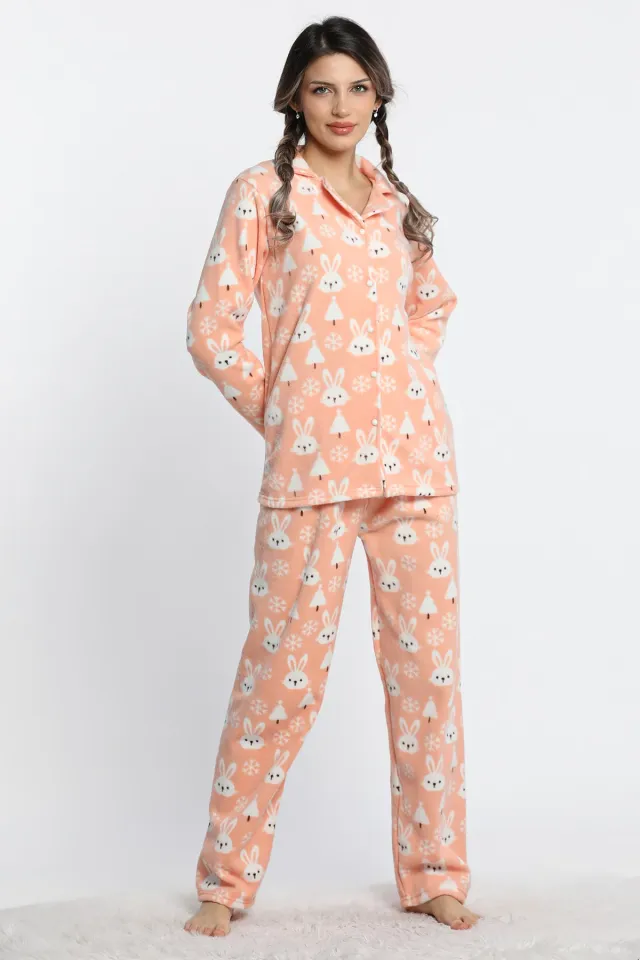 Kadın Ön Düğmeli Tavşan Desenli Polar Pijama Takımı Somon