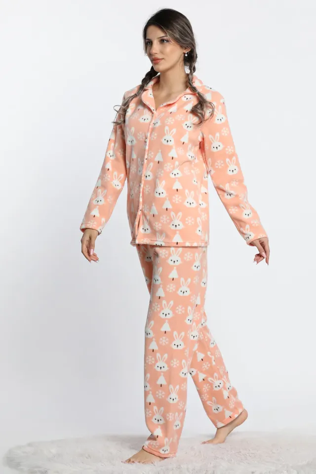 Kadın Ön Düğmeli Tavşan Desenli Polar Pijama Takımı Somon
