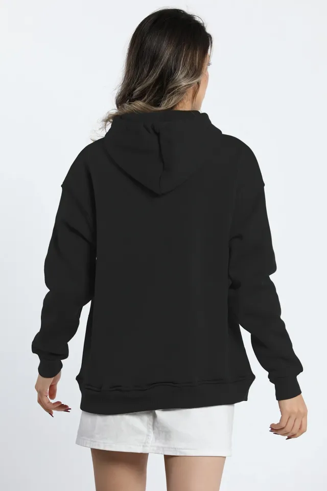 Kadın Ön Nakışlı Kapüşonlu Üç İplik Şardonlu Sweatshirt Siyah