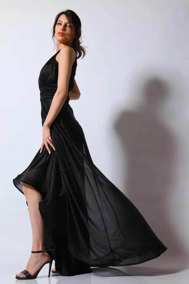 Kadın Ön Pencere Detaylı Simli Abiye Elbise Siyah