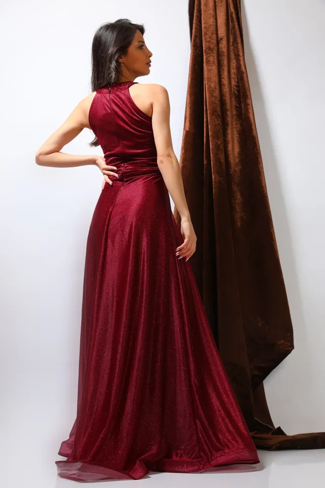 Kadın Ön Pencere Detaylı Simli Abiye Elbise Bordo