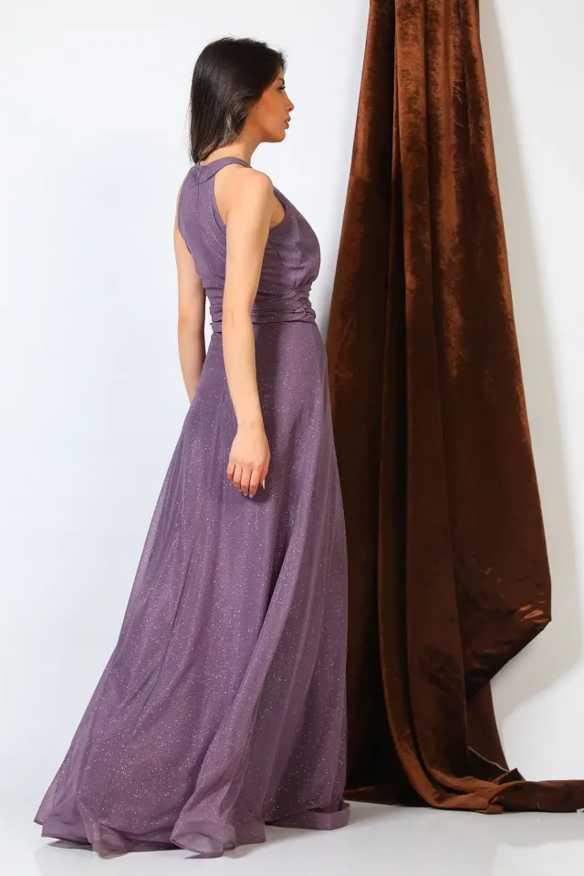 Kadın Ön Pencere Detaylı Simli Abiye Elbise Lila