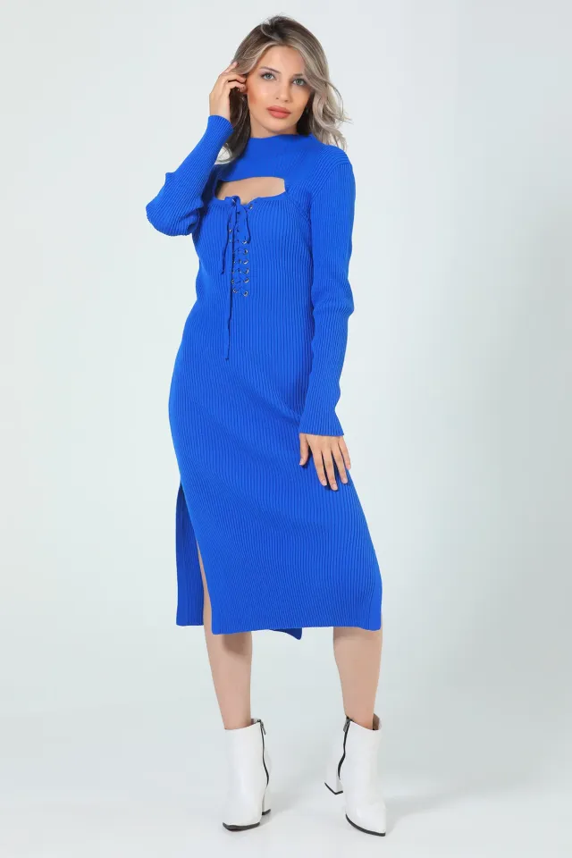 Kadın Ön Pencereli Bağlamalı Yırtmaç Detaylı Triko Elbise Saksmavisi