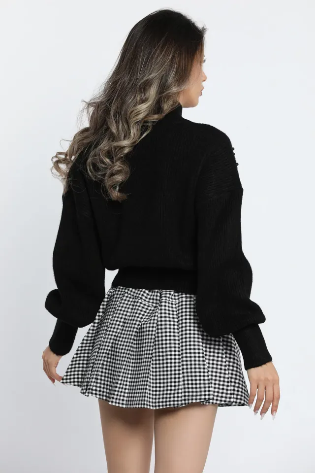 Kadın Ön Pencereli Taş Detaylı Bel Ve Kol Lastikli Triko Bluz Siyah