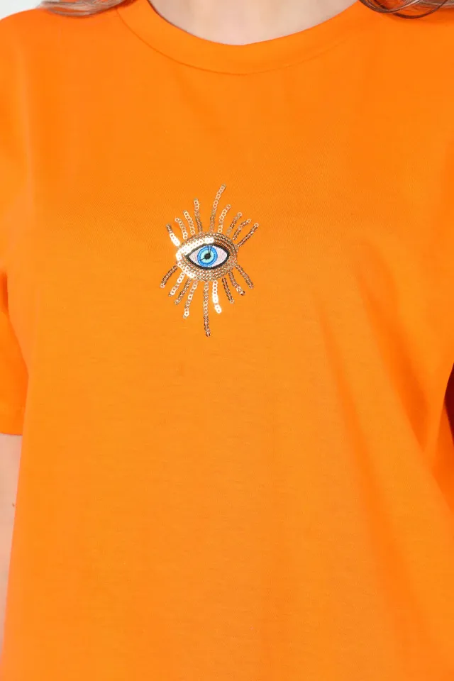Kadın Ön Pul Nakışlı Salaş T-shirt Orange