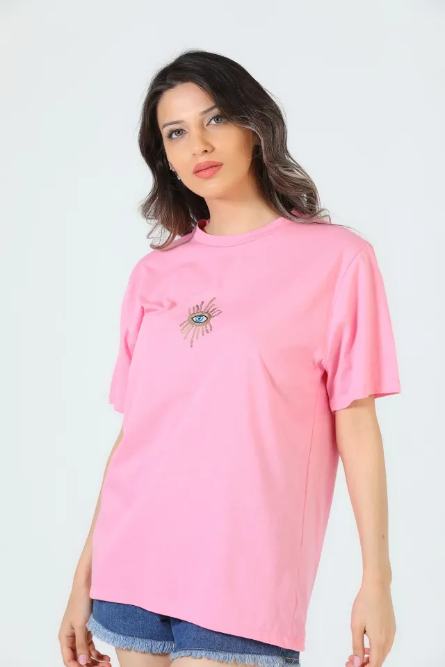 Kadın Ön Pul Nakışlı Salaş T-shirt Pembe