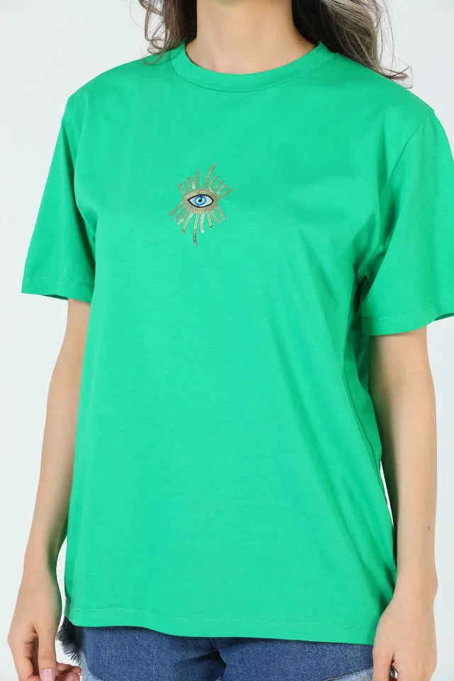 Kadın Ön Pul Nakışlı Salaş T-shirt Yeşil