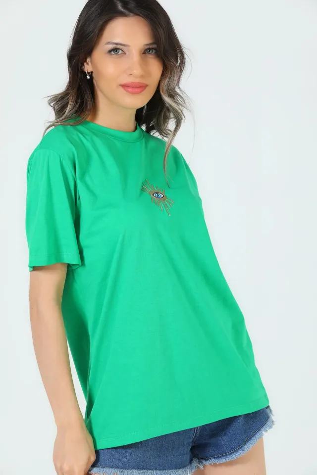 Kadın Ön Pul Nakışlı Salaş T-shirt Yeşil