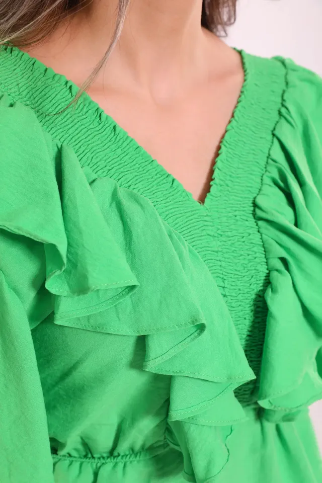 Kadın Ön Ve Arka V Yaka Fırfırlı Bluz Yeşil
