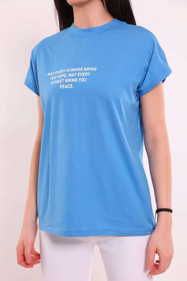 Kadın Ön Yazı Baskılı Oversize T-shirt Mavi