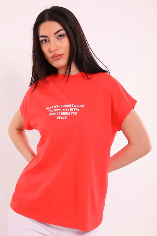 Kadın Ön Yazı Baskılı Oversize T-shirt Nar Çiçeği