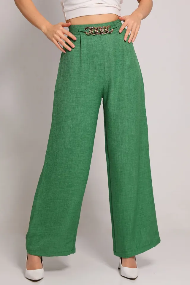 Kadın Ön Zincir Detaylı Bol Paça Pantolon Yeşil