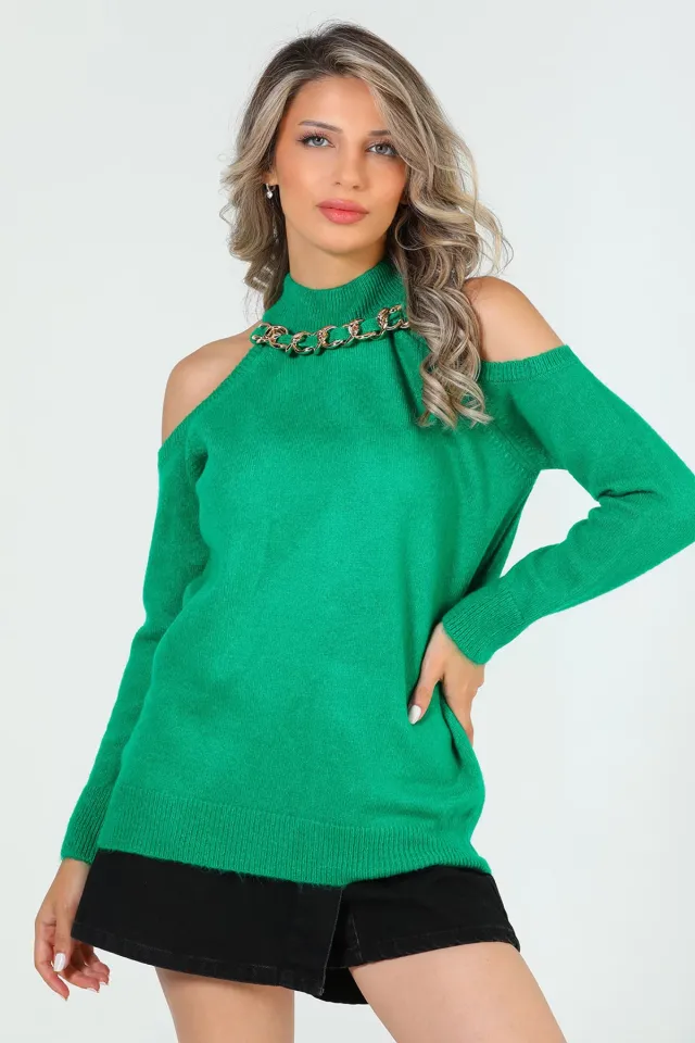 Kadın Ön Zincir Detaylı Omuz Dekolteli Triko Bluz Yeşil