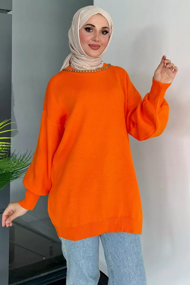 Kadın Ön Zincir Detaylı Tesettür Triko Tunik Orange