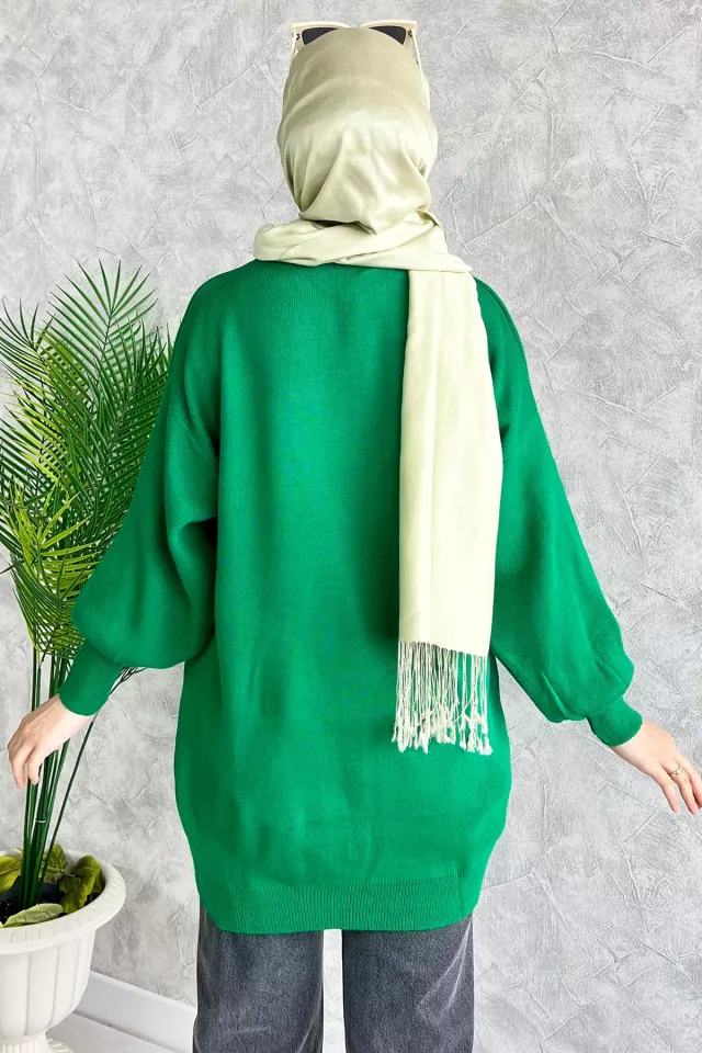 Kadın Ön Zincir Detaylı Tesettür Triko Tunik Yeşil