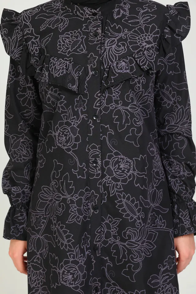 Kadın Önü Fırfırlı Kolu Lastikli Desenli Tunik Gömlek Siyah