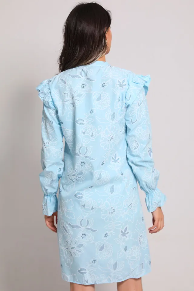 Kadın Önü Fırfırlı Kolu Lastikli Desenli Tunik Mavi