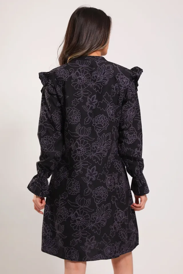 Kadın Önü Fırfırlı Kolu Lastikli Desenli Tunik Siyah
