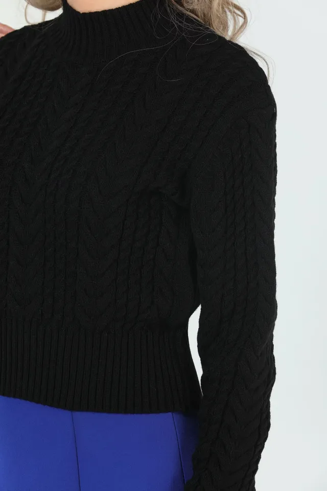 Kadın Örgü Desenli Crop Triko Bluz Siyah