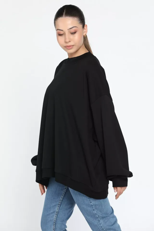 Kadın Oversize Balon Kol Sweatshirt Siyah