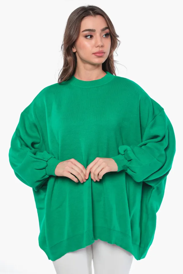 Kadın Oversize Balon Kol Triko Kazak Yeşil