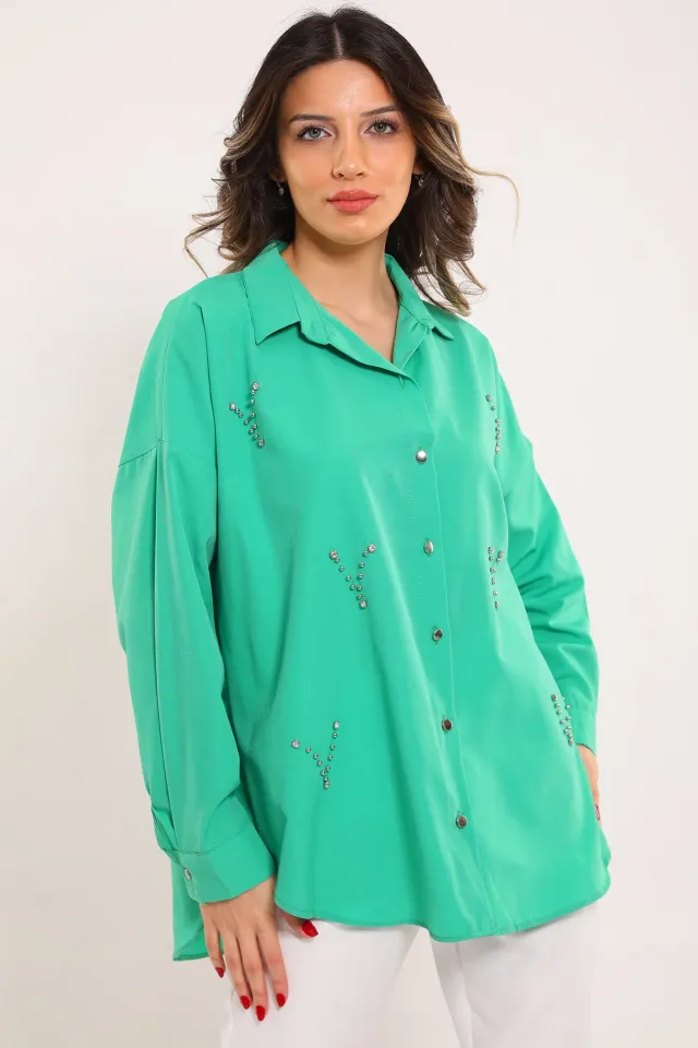 Kadın Oversize Boncuk İşlemeli Gömlek Yeşil