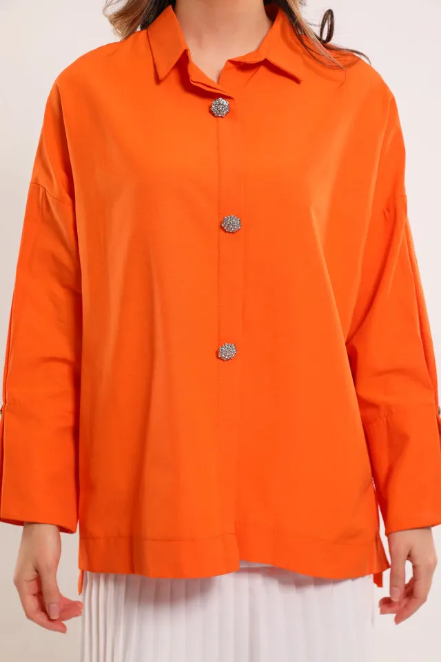Kadın Oversize Düğme Taş Detaylı Gömlek Orange