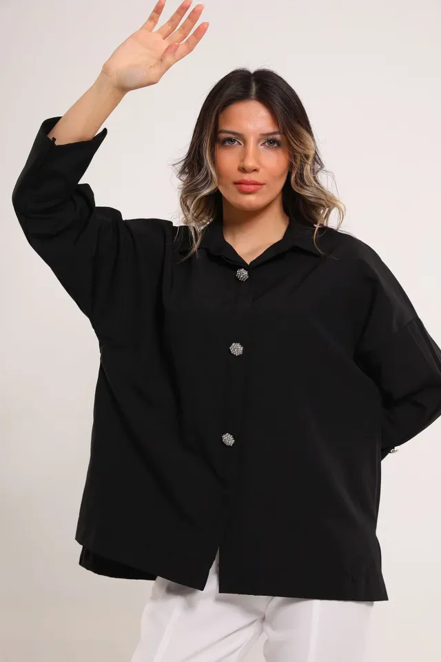 Kadın Oversize Düğme Taş Detaylı Gömlek Siyah
