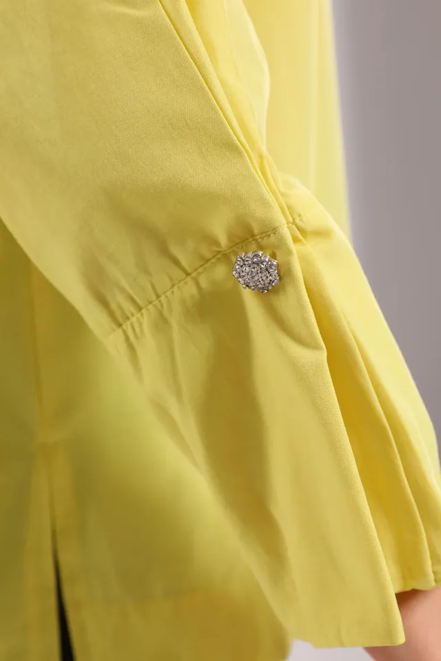 Kadın Oversize Düğme Taş Detaylı Gömlek Sarı
