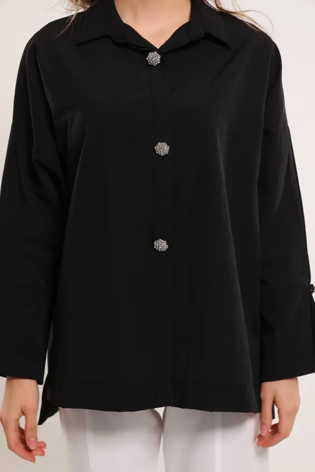 Kadın Oversize Düğme Taş Detaylı Gömlek Siyah