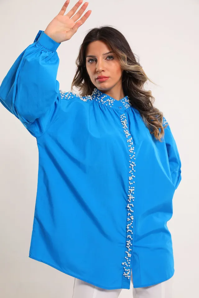 Kadın Oversize İnci Detaylı Balon Kol Gömlek Mavi