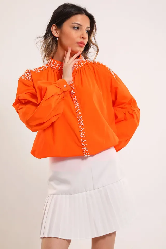Kadın Oversize İnci Detaylı Balon Kol Gömlek Orange