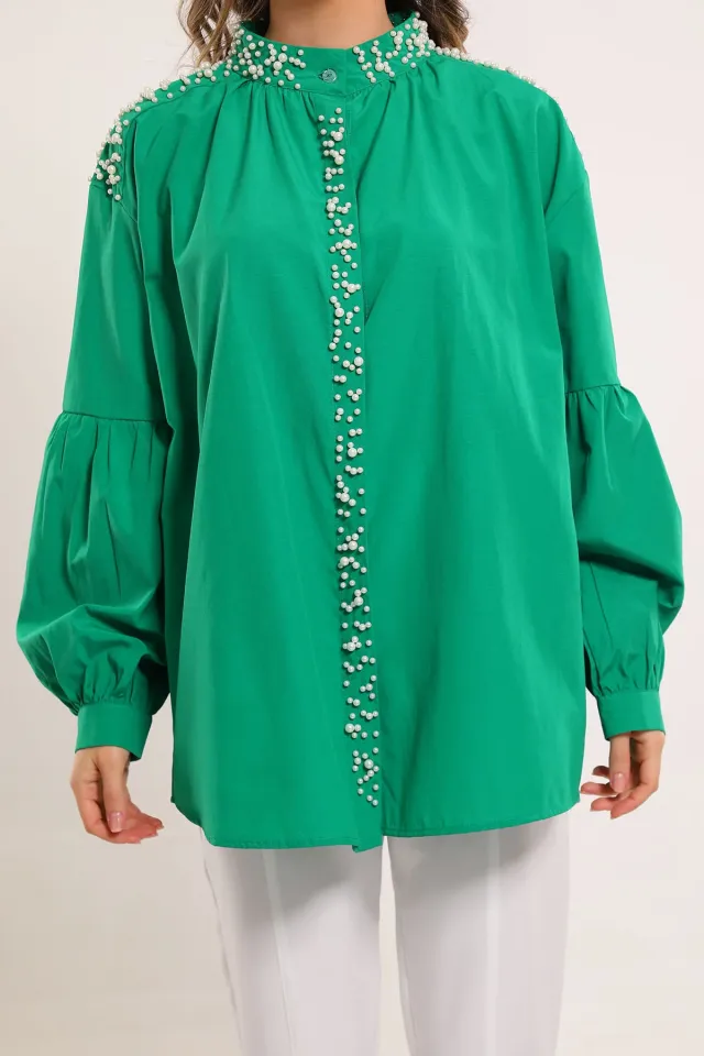 Kadın Oversize İnci Detaylı Balon Kol Gömlek Yeşil