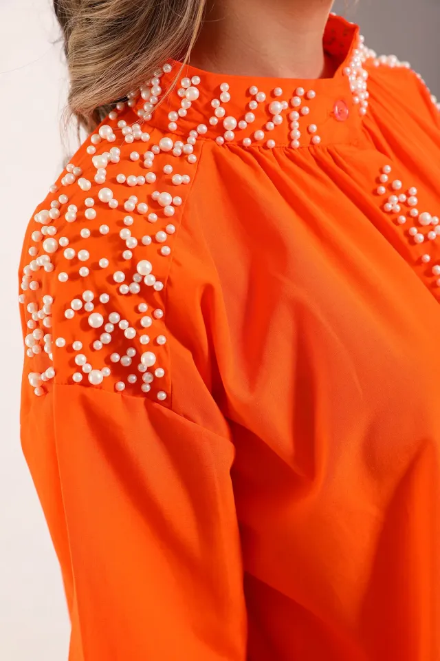 Kadın Oversize İnci Detaylı Balon Kol Gömlek Orange