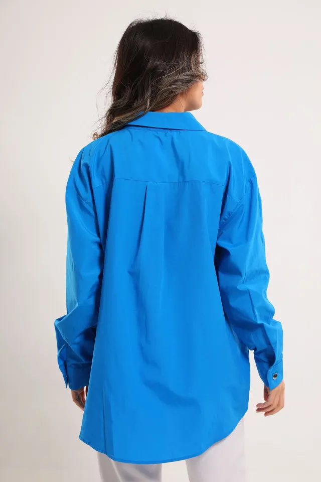 Kadın Oversize Taşlı Gömlek Mavi