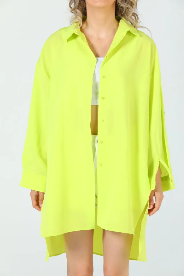 Kadın Oversize Yan Yırtmaçlı Gömlek Tunik Fıstık yeşili
