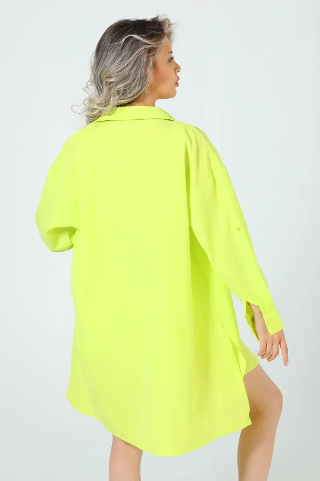 Kadın Oversize Yan Yırtmaçlı Gömlek Tunik Fıstık yeşili