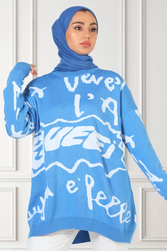 Kadın Owersize Desenli Triko Tunik Mavi