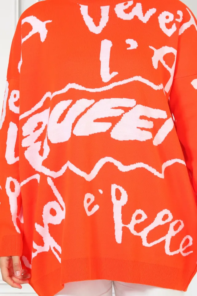 Kadın Owersize Desenli Triko Tunik Orange
