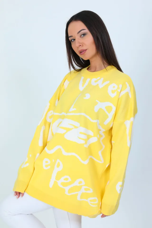 Kadın Owersize Desenli Triko Tunik Sarı