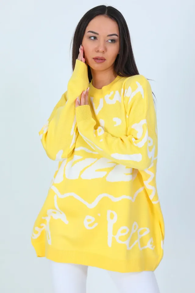 Kadın Owersize Desenli Triko Tunik Sarı