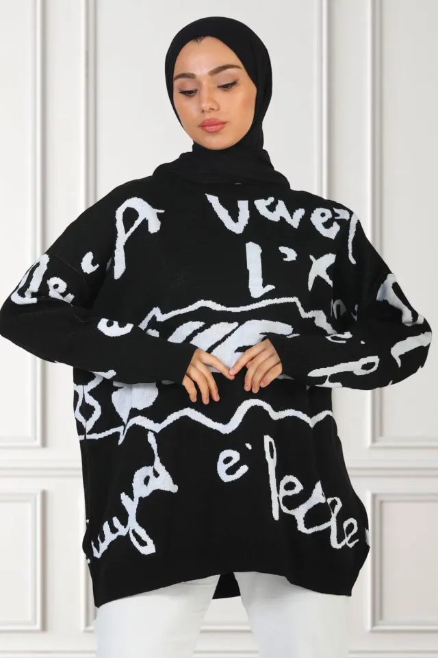 Kadın Owersize Desenli Triko Tunik Siyah