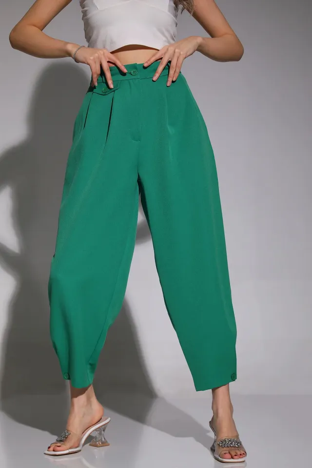 Kadın Paça Düğmeli Tarz Pantolon Yeşil