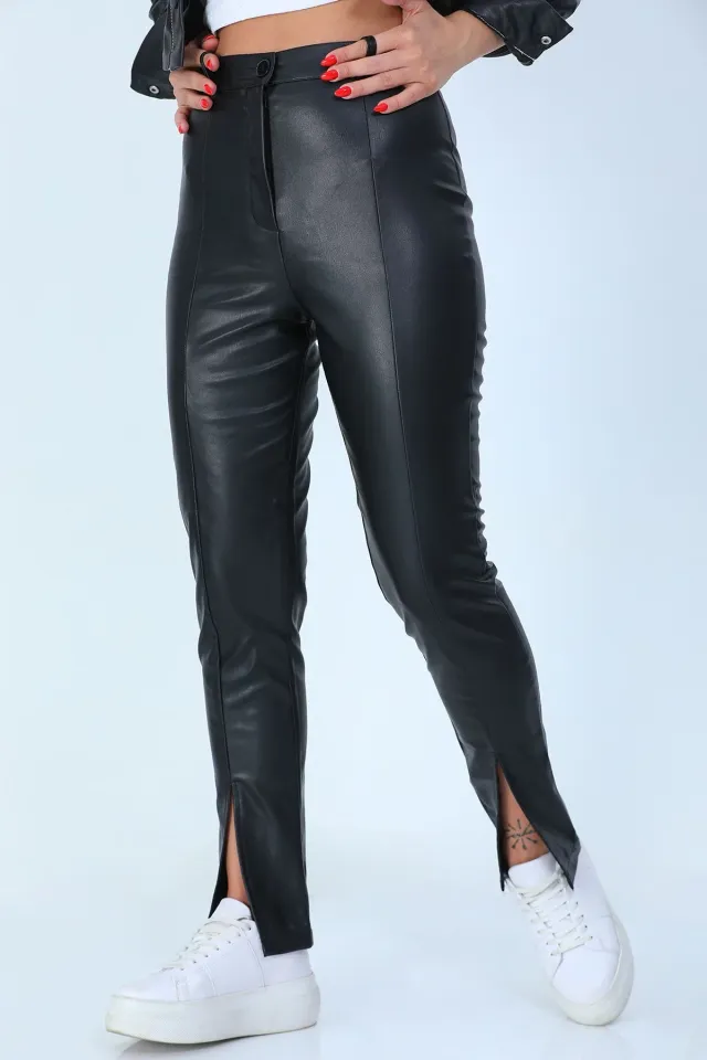 Kadın Paça Yırtmaçlı Çimalı Deri Pantolon Siyah